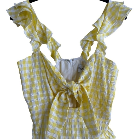 SNDYS The Label Tie Front Yellow Gingham Ruffle Mini Dress Large - Picture 3 of 11